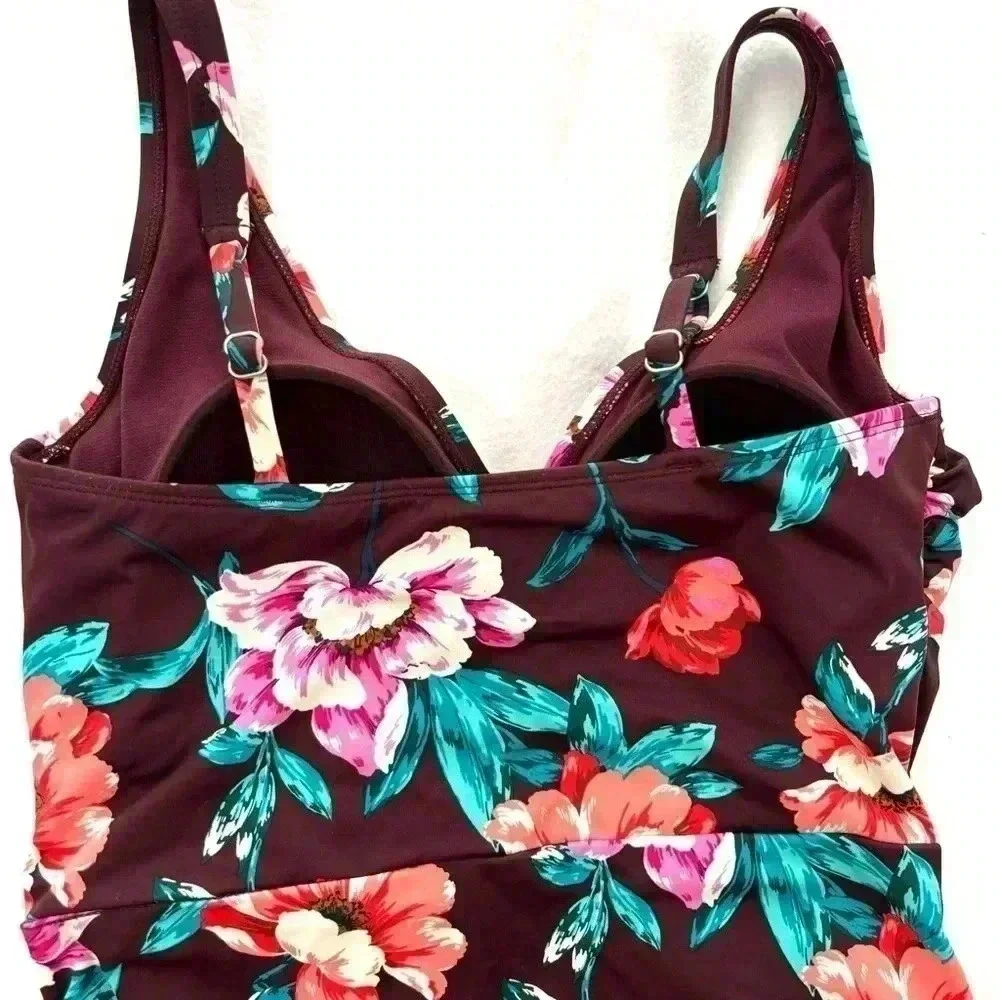 Embrace Your Curves Maroon Floral V-Neck Plunge Spaghetti Strap One Piece Size M